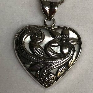 Reversible White Mother of Pearl Flower & Leaf Design Heart Sterling Necklace